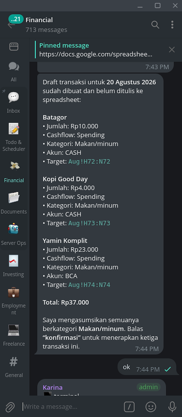 Draf tiga transaksi sebelum ditulis ke spreadsheet